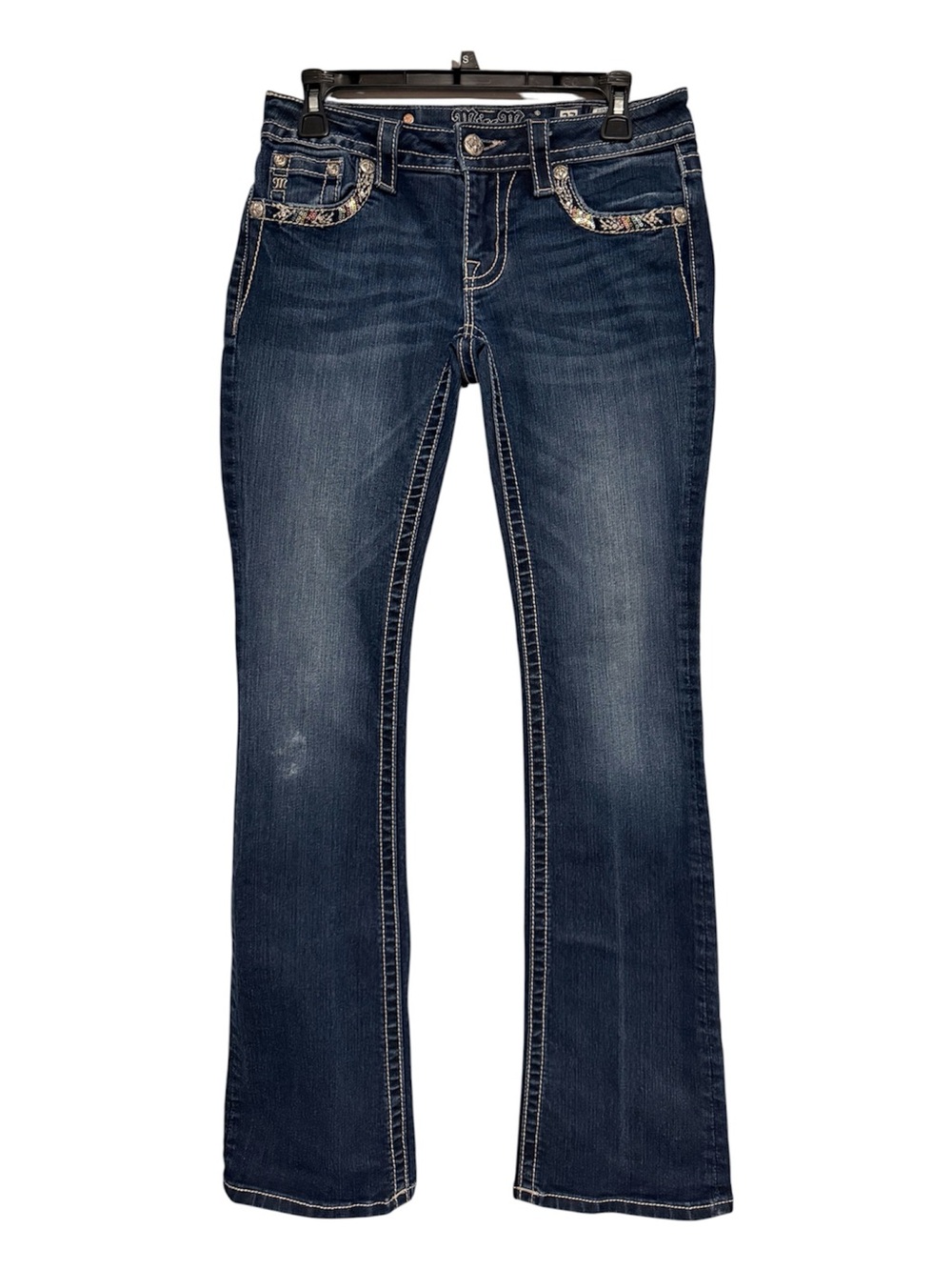 Miss Me Dark Blue Boot Cut Jeans with Embellished Pocket Trim